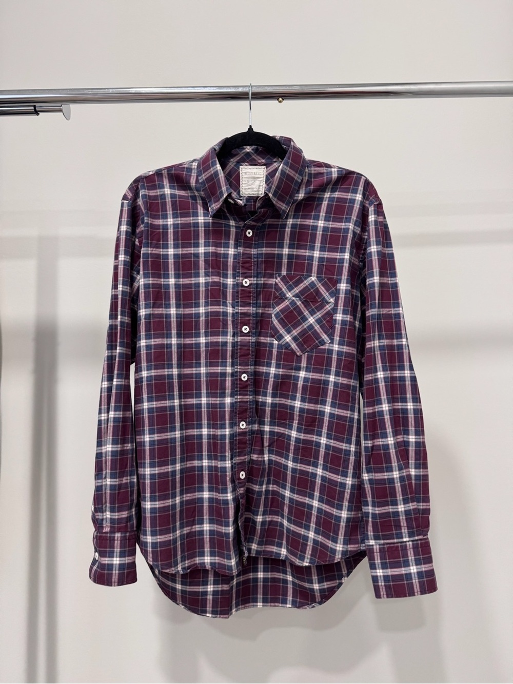 Billy Reid Men’s Burgundy and Navy Plaid Button-Down Shirt Sz M